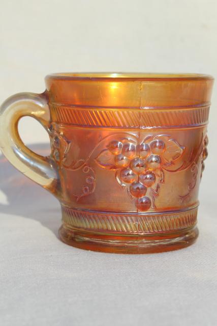 photo of vintage marigold carnival glass, Dugan grapes pattern mug or child's cup #3