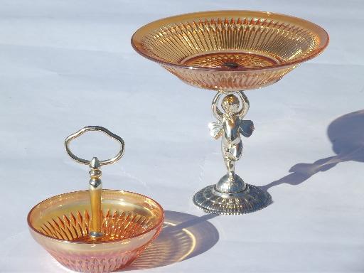 photo of vintage marigold carnival glass center handle bowl and pedestal compote #1