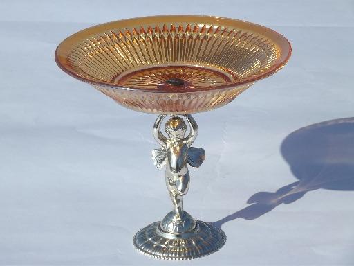 photo of vintage marigold carnival glass center handle bowl and pedestal compote #2