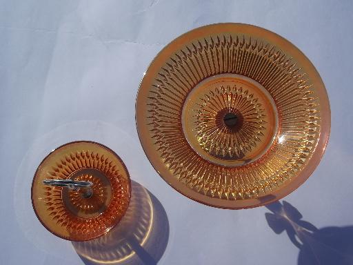 photo of vintage marigold carnival glass center handle bowl and pedestal compote #5