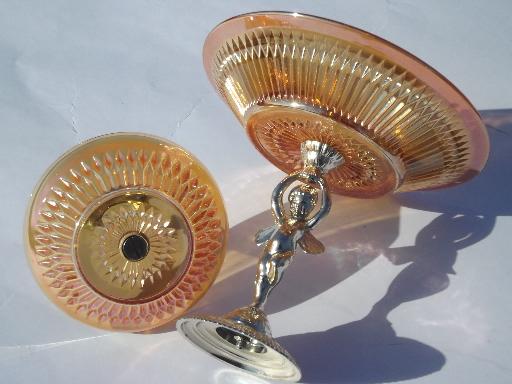 photo of vintage marigold carnival glass center handle bowl and pedestal compote #6