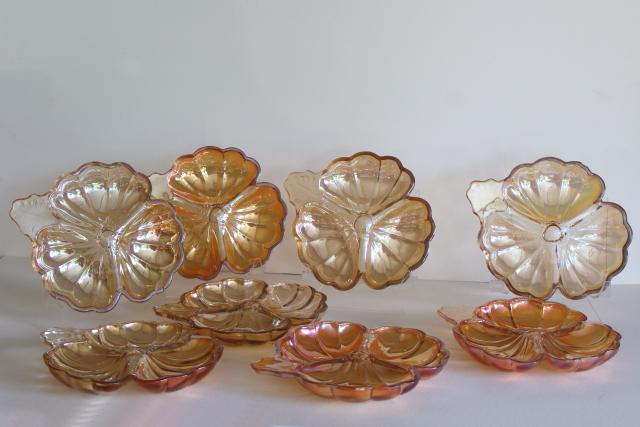 photo of vintage marigold carnival glass pansy flower plates, summer fall rustic wedding decor #1