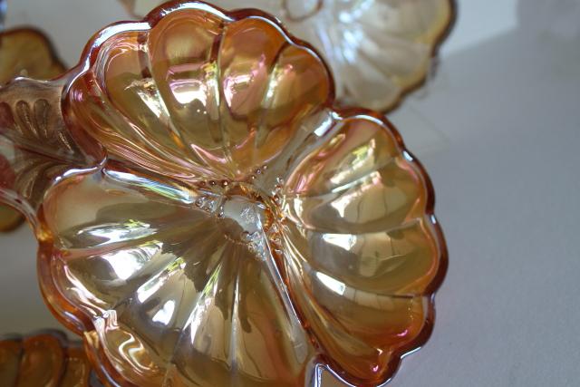 photo of vintage marigold carnival glass pansy flower plates, summer fall rustic wedding decor #2