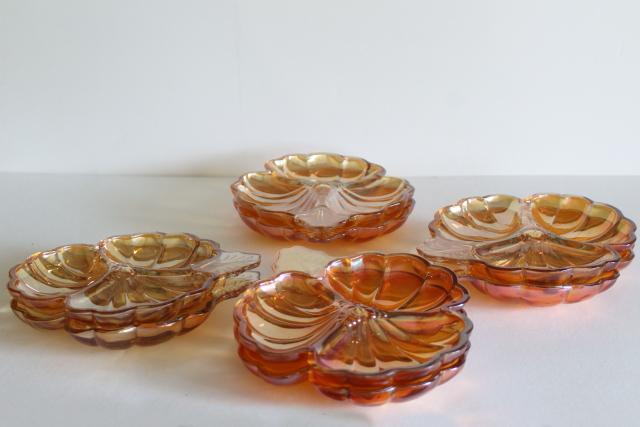 photo of vintage marigold carnival glass pansy flower plates, summer fall rustic wedding decor #3