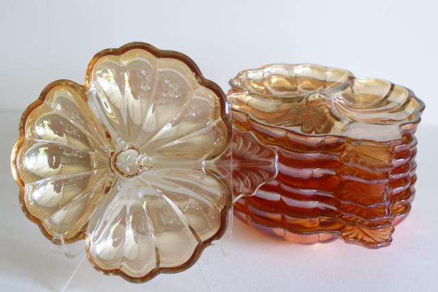 photo of vintage marigold carnival glass pansy flower plates, summer fall rustic wedding decor #5