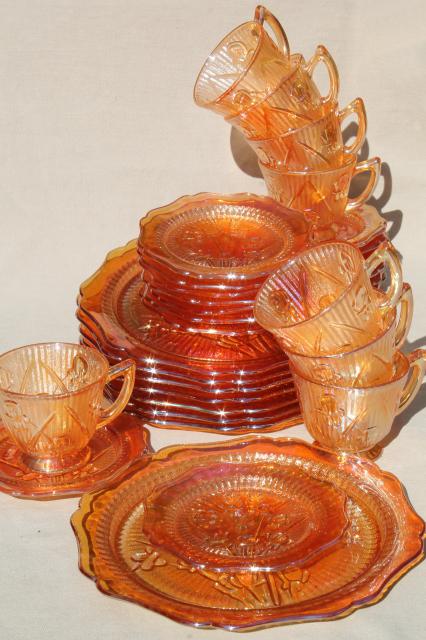 photo of vintage marigold iridescent carnival glass dishes set iris & herringbone plates, cups & saucers  #2