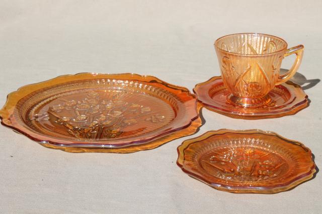 photo of vintage marigold iridescent carnival glass dishes set iris & herringbone plates, cups & saucers  #3