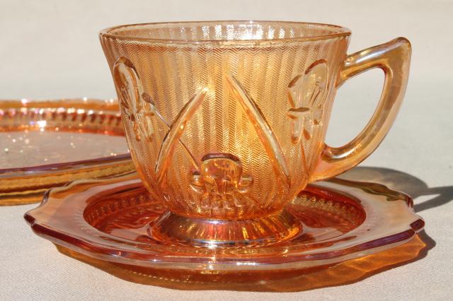 photo of vintage marigold iridescent carnival glass dishes set iris & herringbone plates, cups & saucers  #4