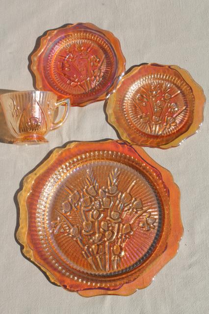 photo of vintage marigold iridescent carnival glass dishes set iris & herringbone plates, cups & saucers  #5