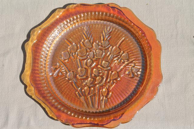 photo of vintage marigold iridescent carnival glass dishes set iris & herringbone plates, cups & saucers  #7