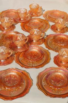 catalog photo of vintage marigold iridescent carnival glass dishes set iris & herringbone plates, cups & saucers 