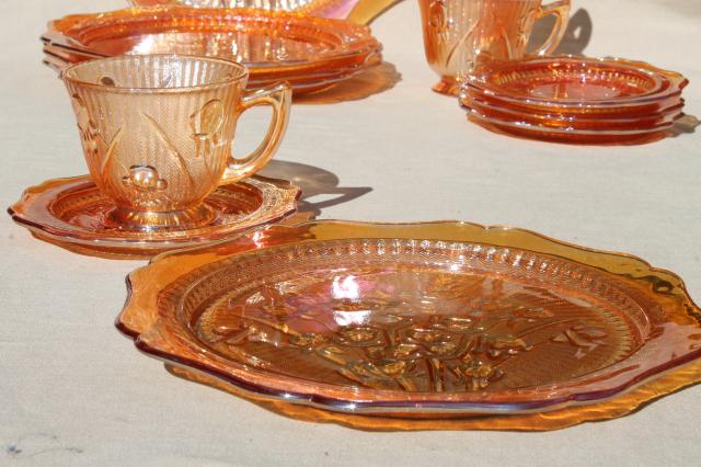 photo of vintage marigold iridescent carnival glass dishes set iris & herringbone plates, cups & saucers #2
