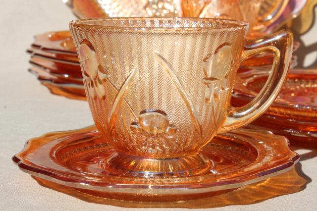 photo of vintage marigold iridescent carnival glass dishes set iris & herringbone plates, cups & saucers #3