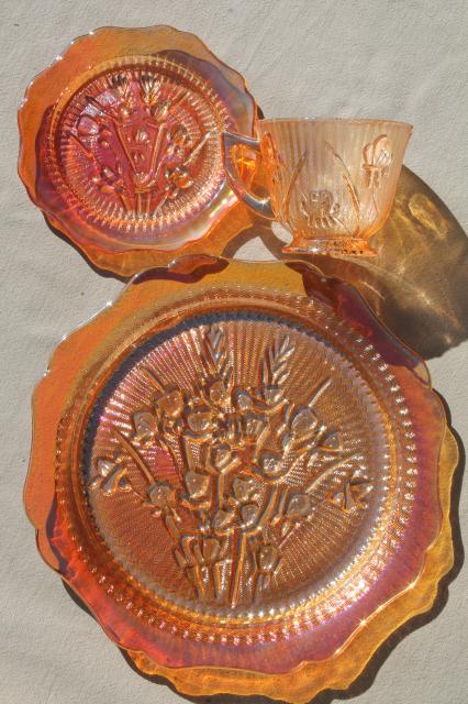 photo of vintage marigold iridescent carnival glass dishes set iris & herringbone plates, cups & saucers #4