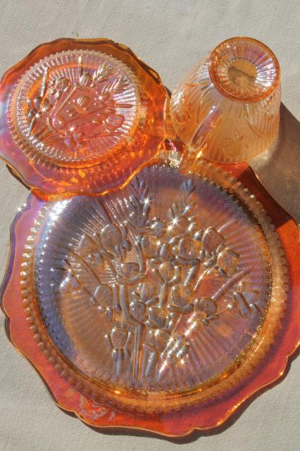 photo of vintage marigold iridescent carnival glass dishes set iris & herringbone plates, cups & saucers #5