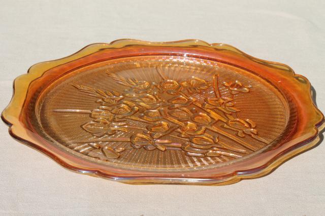 photo of vintage marigold iridescent carnival glass dishes set iris & herringbone plates, cups & saucers #6