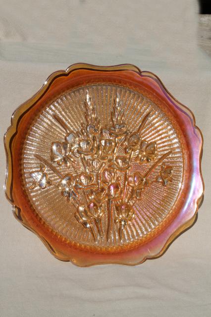 photo of vintage marigold iridescent carnival glass dishes set iris & herringbone plates, cups & saucers #7