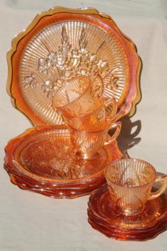 catalog photo of vintage marigold iridescent carnival glass dishes set iris & herringbone plates, cups & saucers