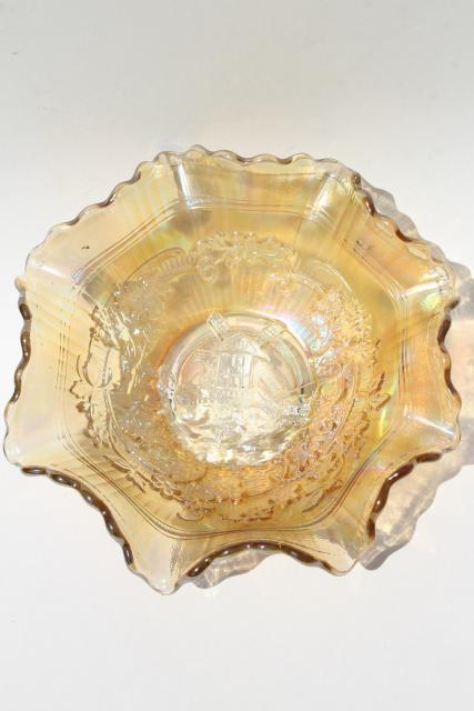 photo of vintage marigold iridescent carnival luster bowl, Imperial glass windmill pattern #1