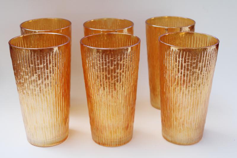 photo of vintage marigold iridescent drinking glasses, big tumblers tree bark textured glass #1