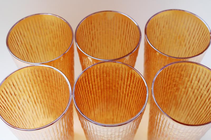 photo of vintage marigold iridescent drinking glasses, big tumblers tree bark textured glass #2