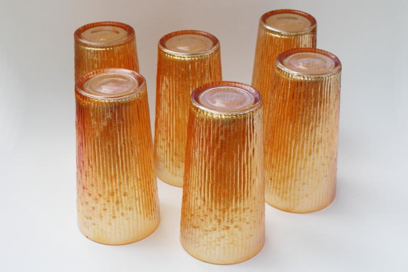 photo of vintage marigold iridescent drinking glasses, big tumblers tree bark textured glass #3