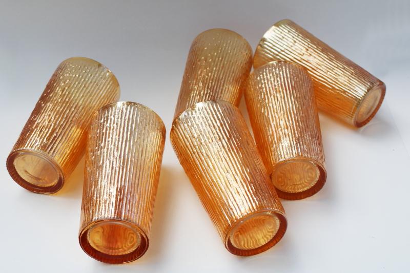 photo of vintage marigold iridescent drinking glasses, big tumblers tree bark textured glass #5