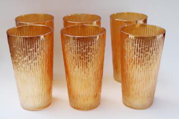 vintage marigold iridescent drinking glasses, big tumblers tree bark textured glass