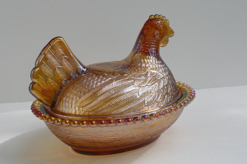 photo of vintage marigold iridescent glass hen on nest covered dish or trinket box, 1980s Indiana glass #4
