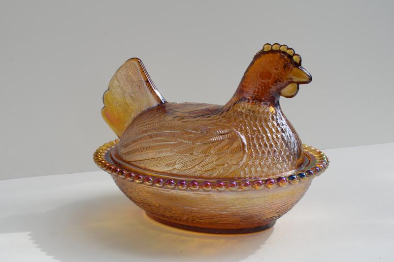 photo of vintage marigold iridescent glass hen on nest covered dish or trinket box, 1980s Indiana glass #5