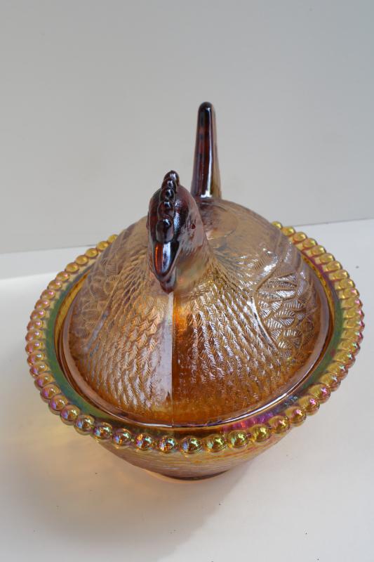 photo of vintage marigold iridescent glass hen on nest covered dish or trinket box, 1980s Indiana glass #8