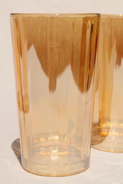 photo of vintage marigold iridescent glass tumblers, Jeannette hex optic pattern drinking glasses #2