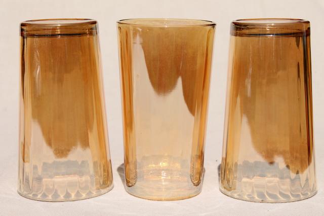 photo of vintage marigold iridescent glass tumblers, Jeannette hex optic pattern drinking glasses #4