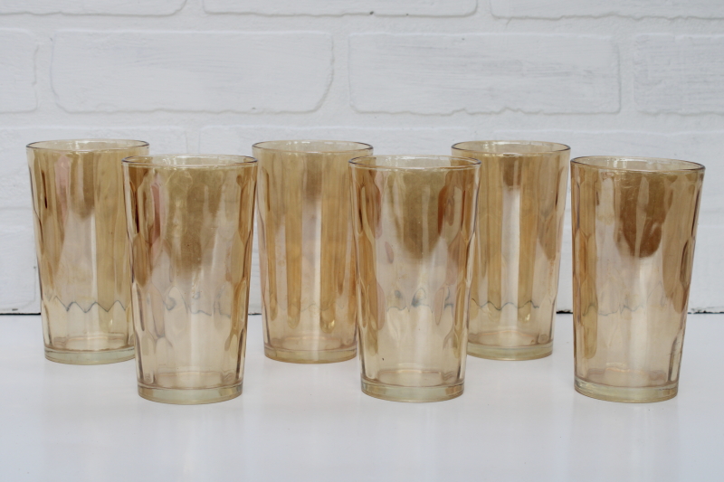 photo of vintage marigold iridescent glass tumblers, Jeannette hex optic pattern drinking glasses #1