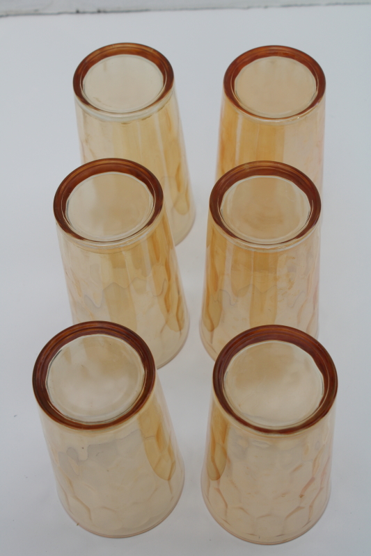 photo of vintage marigold iridescent glass tumblers, Jeannette hex optic pattern drinking glasses #3