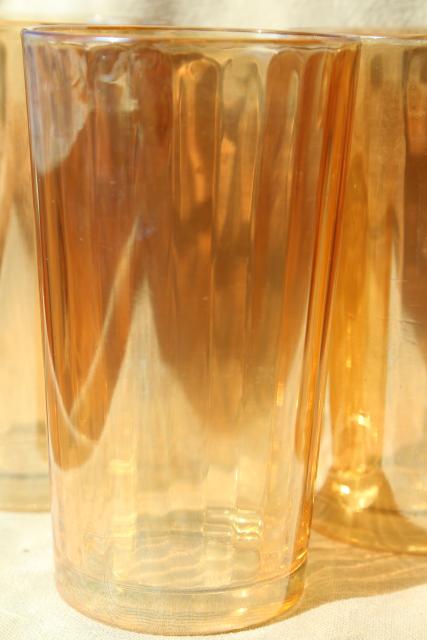 photo of vintage marigold iridescent glass tumblers, paneled optic rib pattern drinking glasses #2