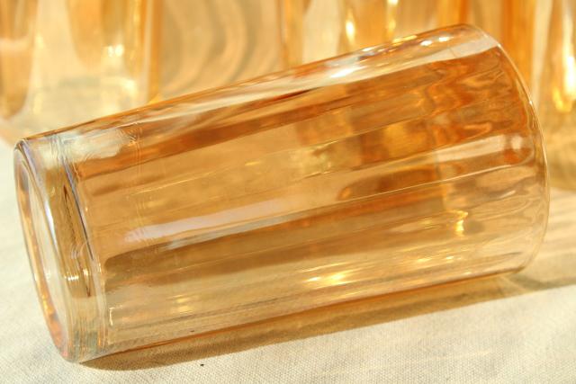photo of vintage marigold iridescent glass tumblers, paneled optic rib pattern drinking glasses #3