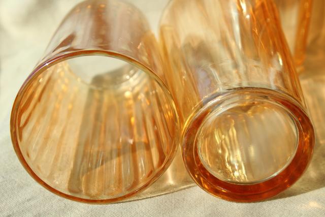 photo of vintage marigold iridescent glass tumblers, paneled optic rib pattern drinking glasses #4