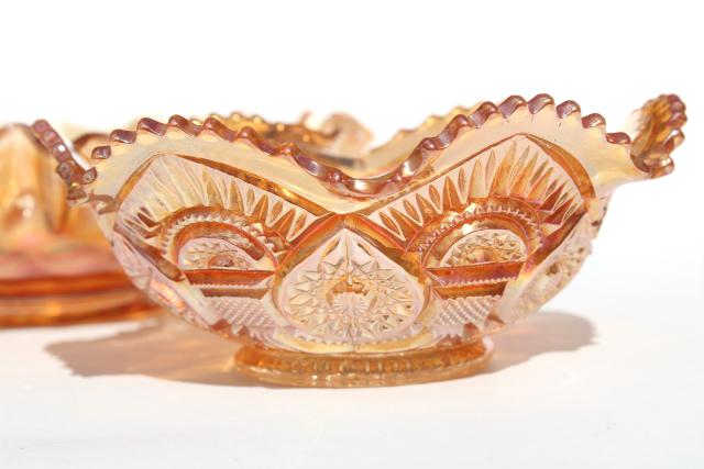 photo of vintage marigold iridescent luster carnival glass bowl, twins pattern Imperial #2