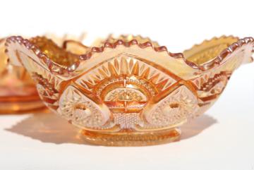 vintage marigold iridescent luster carnival glass bowl, twins pattern Imperial