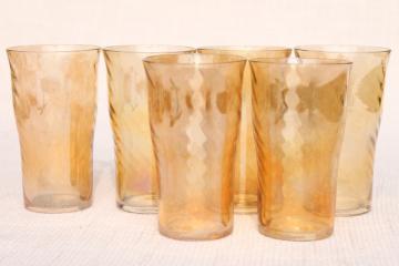 catalog photo of vintage marigold iridescent luster carnival glass juice glasses, swirl optic tumblers