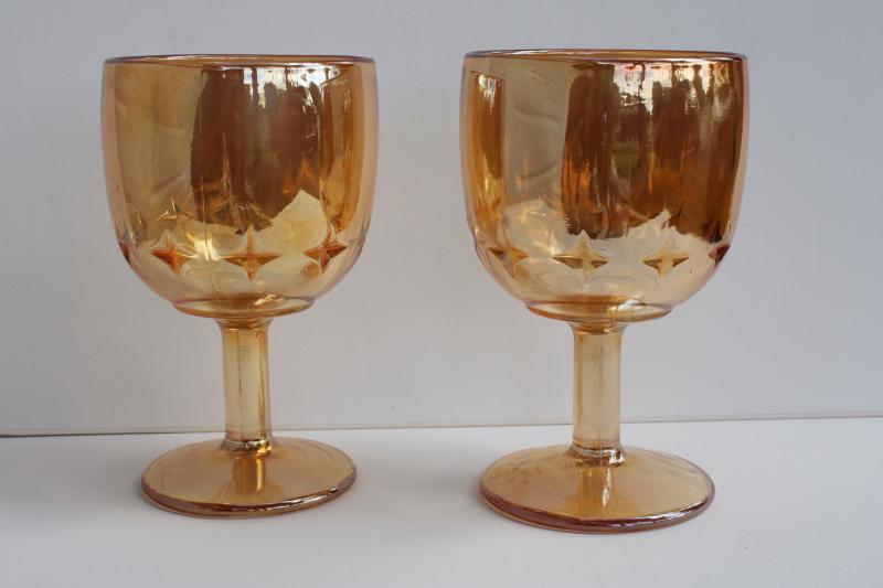 photo of vintage marigold iridescent luster chalice shape goblets, big wine glasses #1