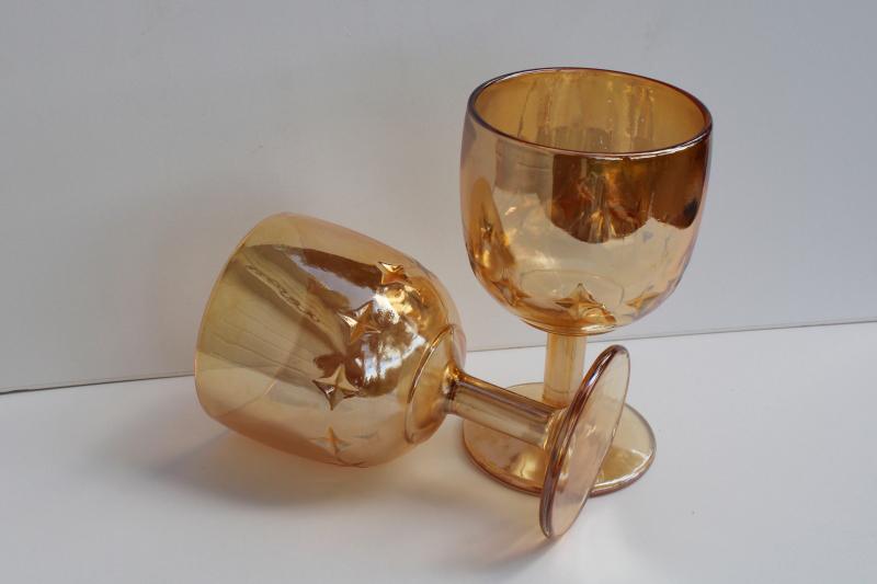 photo of vintage marigold iridescent luster chalice shape goblets, big wine glasses #4