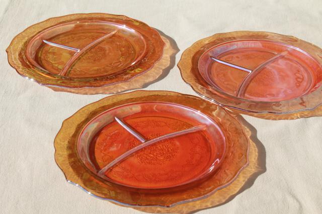 photo of vintage marigold iridescent luster glass, Federal Normandie divided grill plates #1