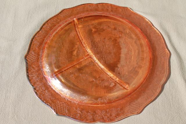 photo of vintage marigold iridescent luster glass, Federal Normandie divided grill plates #4