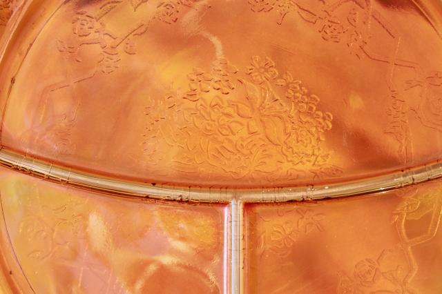 photo of vintage marigold iridescent luster glass, Federal Normandie divided grill plates #5