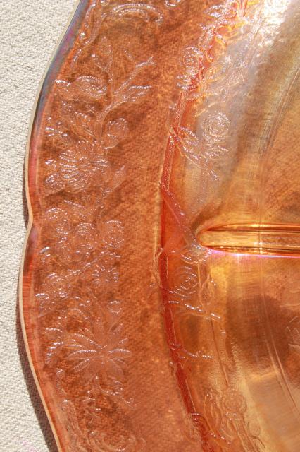 photo of vintage marigold iridescent luster glass, Federal Normandie divided grill plates #7