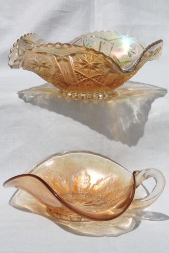 photo of vintage marigold luster carnival glass dishes, bowl & nappy w/ ring handle #1