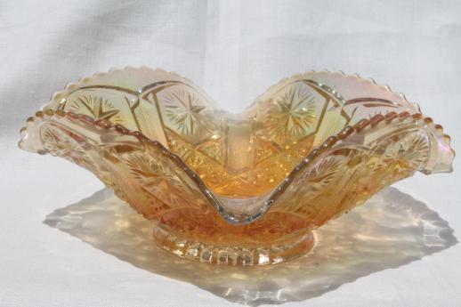 photo of vintage marigold luster carnival glass dishes, bowl & nappy w/ ring handle #3