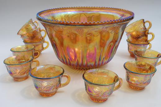 photo of vintage marigold luster carnival glass grapes punch bowl & cups, iridescent amber color #1